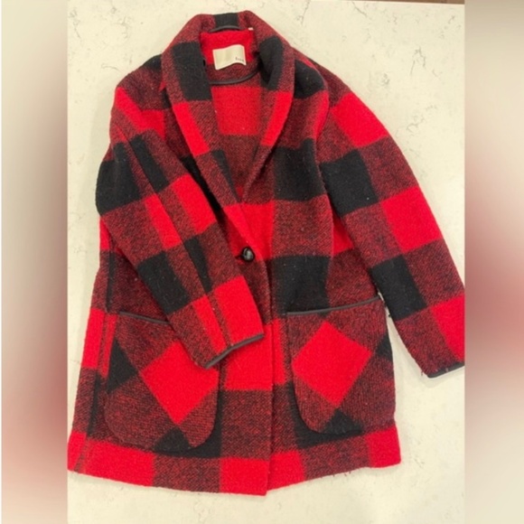 Aritzia Wilfred Free Off-Duty Wool Plaid Cocoon Jacket Fall Red/Black Shacket - Picture 1 of 2